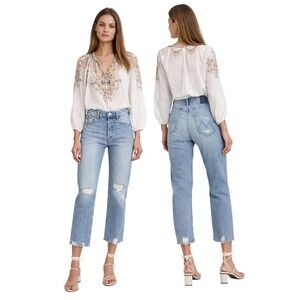 Mother The Tomcat Confession Distressed Straight Leg Jeans Light Wash Size 25